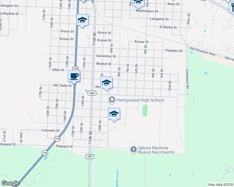 map of restaurants, bars, coffee shops, grocery stores, and more near 801 Donoho Street in Hempstead