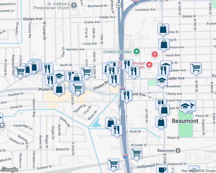 map of restaurants, bars, coffee shops, grocery stores, and more near 3475 Phelan Boulevard in Beaumont