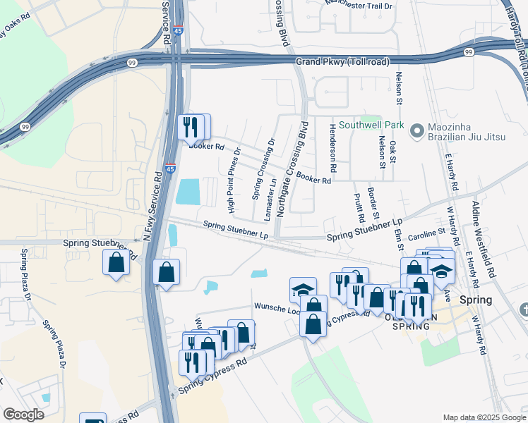 map of restaurants, bars, coffee shops, grocery stores, and more near 22207 Lamaster Lane in Spring
