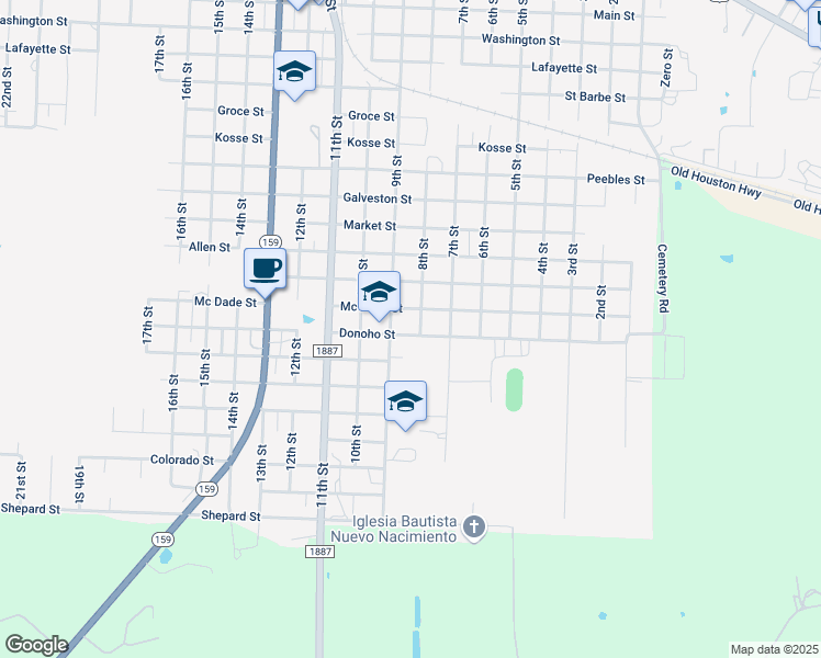 map of restaurants, bars, coffee shops, grocery stores, and more near 801 Donoho Street in Hempstead
