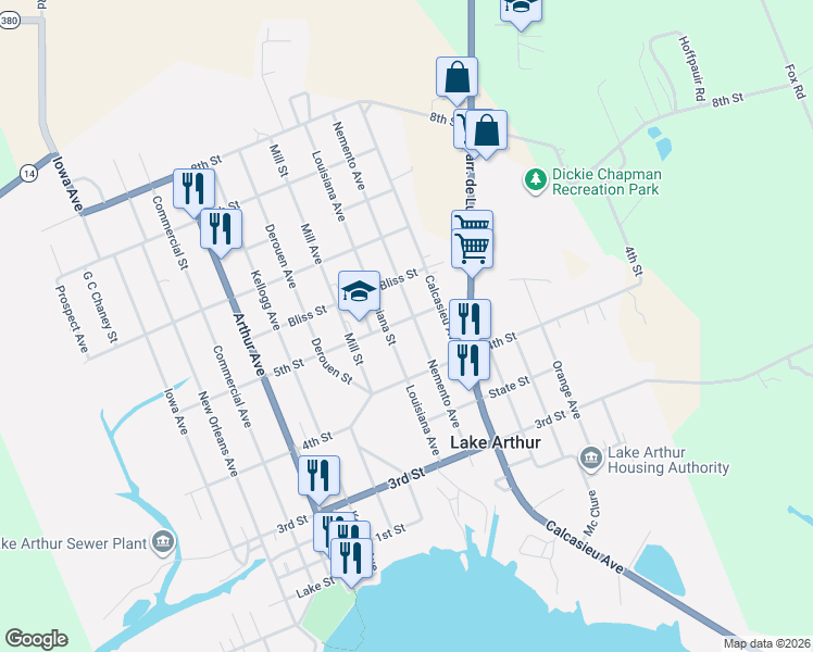 map of restaurants, bars, coffee shops, grocery stores, and more near 401-499 Nemento Avenue in Lake Arthur