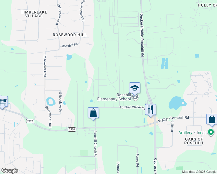 map of restaurants, bars, coffee shops, grocery stores, and more near Aikins and Owen Road in Tomball