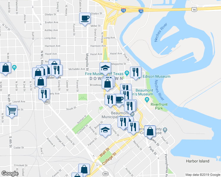 map of restaurants, bars, coffee shops, grocery stores, and more near 215 Orleans Street in Beaumont