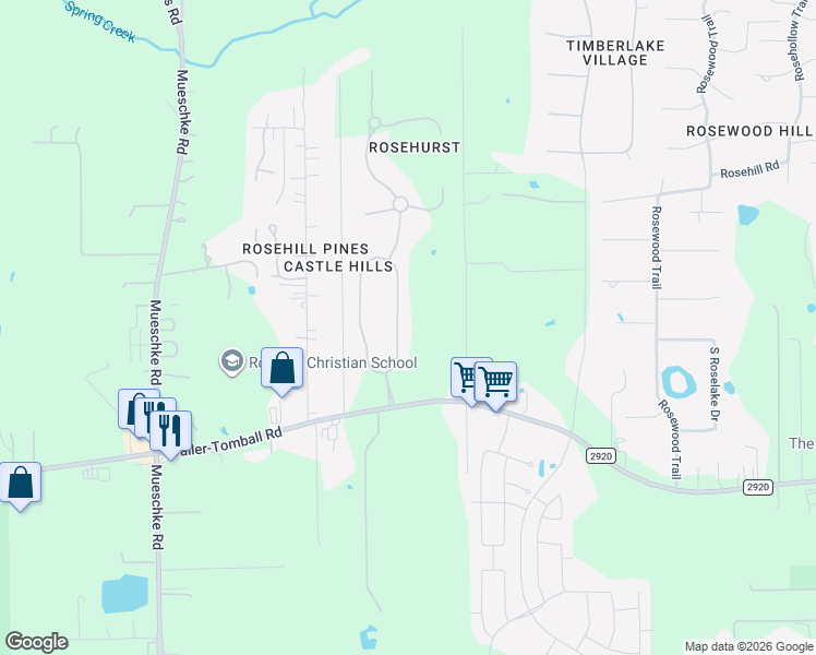 map of restaurants, bars, coffee shops, grocery stores, and more near 22203 East Meadowhurst Circle in Tomball
