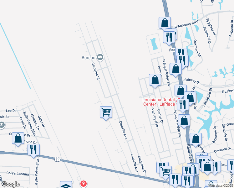 map of restaurants, bars, coffee shops, grocery stores, and more near 499 Magnolia Drive in LaPlace