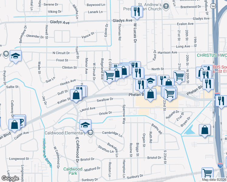 map of restaurants, bars, coffee shops, grocery stores, and more near 5110 Swallow Drive in Beaumont