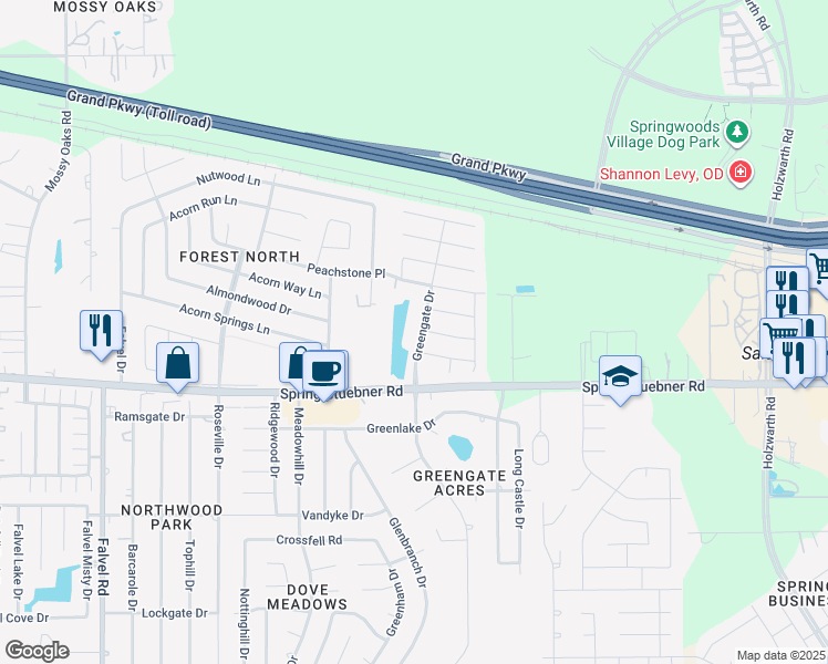 map of restaurants, bars, coffee shops, grocery stores, and more near 22123 Greengate Drive in Spring