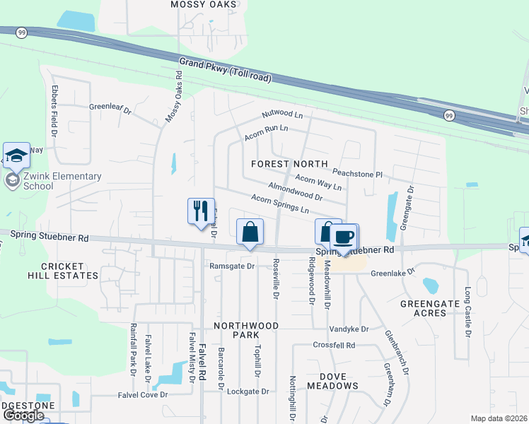 map of restaurants, bars, coffee shops, grocery stores, and more near 3603 Primrose Trace Lane in Spring