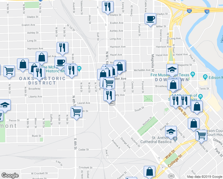 map of restaurants, bars, coffee shops, grocery stores, and more near 1475 Broadway Street in Beaumont