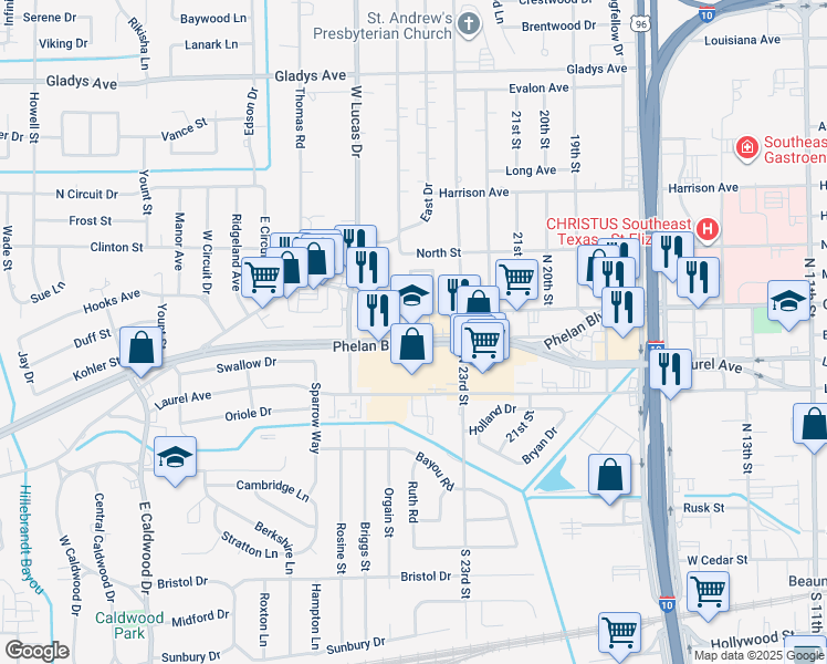 map of restaurants, bars, coffee shops, grocery stores, and more near 4101 Phelan Boulevard in Beaumont
