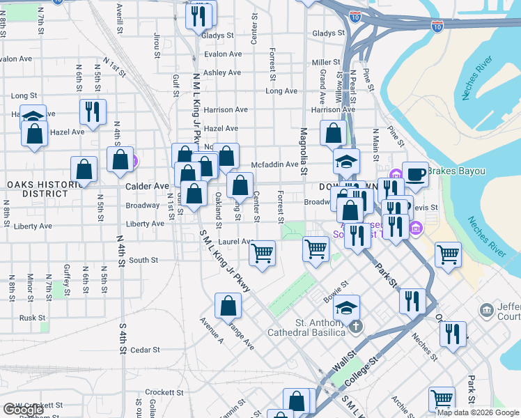 map of restaurants, bars, coffee shops, grocery stores, and more near 1194-1198 Liberty Avenue in Beaumont