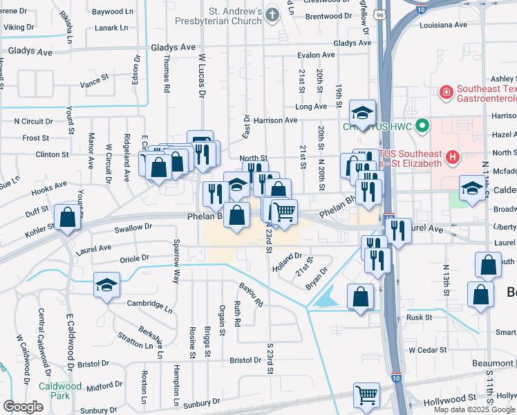 map of restaurants, bars, coffee shops, grocery stores, and more near 4101-4249 Phelan Blvd in Beaumont