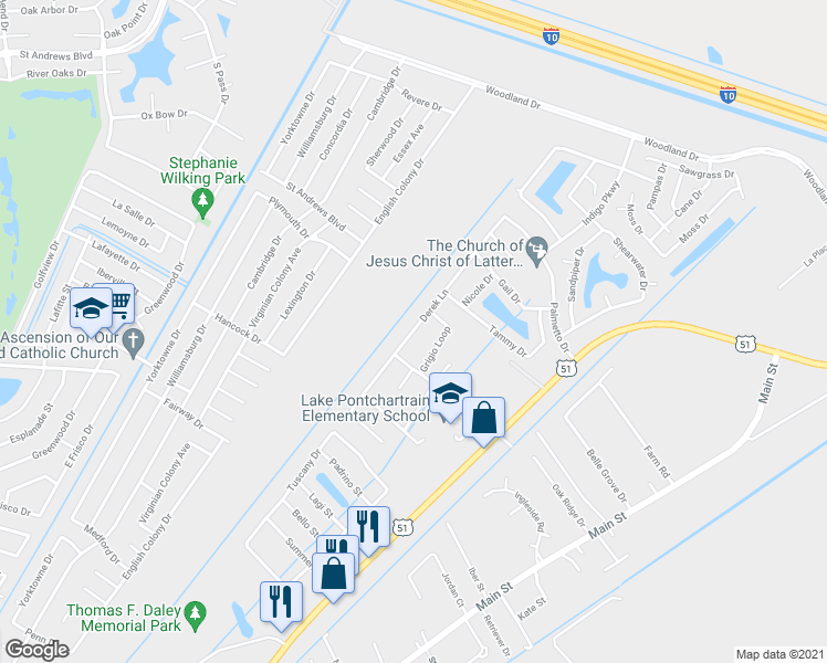 map of restaurants, bars, coffee shops, grocery stores, and more near 86 Derek Lane in LaPlace