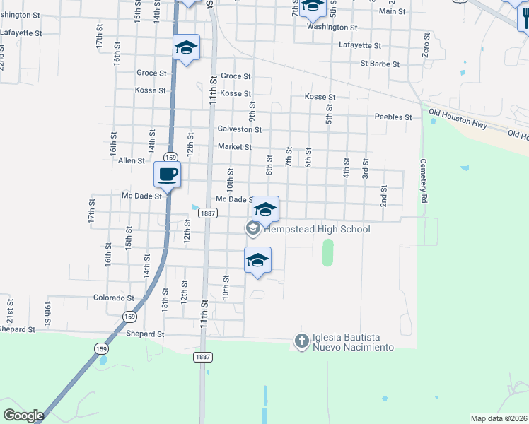 map of restaurants, bars, coffee shops, grocery stores, and more near 801 Donoho Street in Hempstead