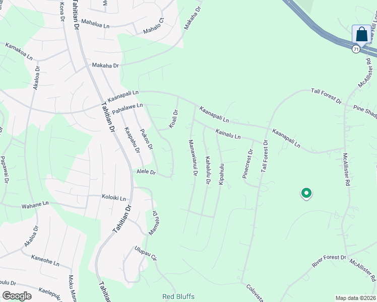 map of restaurants, bars, coffee shops, grocery stores, and more near 159 Manawianui Drive in Bastrop
