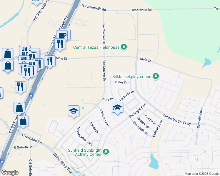 map of restaurants, bars, coffee shops, grocery stores, and more near 369 Vista Gardens Drive in Buda