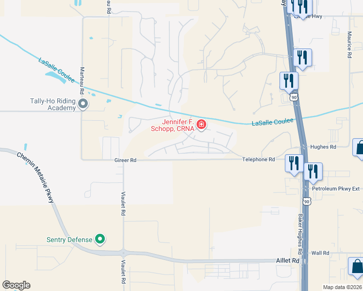 map of restaurants, bars, coffee shops, grocery stores, and more near 206 Gleneagles Circle in Broussard
