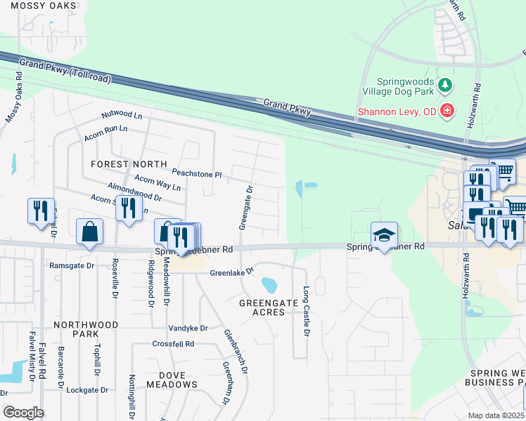 map of restaurants, bars, coffee shops, grocery stores, and more near 2926 Swift Brook Glen Way in Spring
