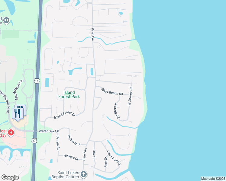 map of restaurants, bars, coffee shops, grocery stores, and more near 300 West Shores Road in Orange Park