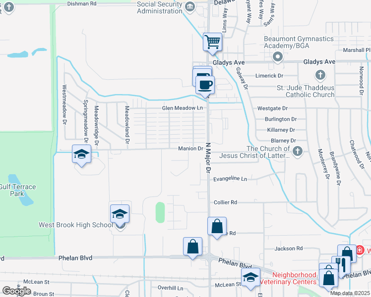 map of restaurants, bars, coffee shops, grocery stores, and more near 8660 Manion Drive in Beaumont