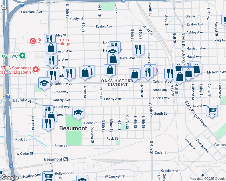 map of restaurants, bars, coffee shops, grocery stores, and more near 2305 Calder Street in Beaumont