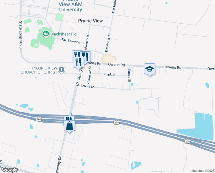 map of restaurants, bars, coffee shops, grocery stores, and more near 702 Hargest Street in Prairie View
