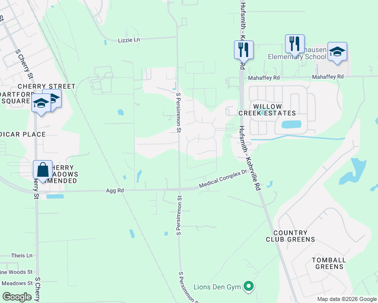 map of restaurants, bars, coffee shops, grocery stores, and more near 1201-1399 South Persimmon Street in Tomball