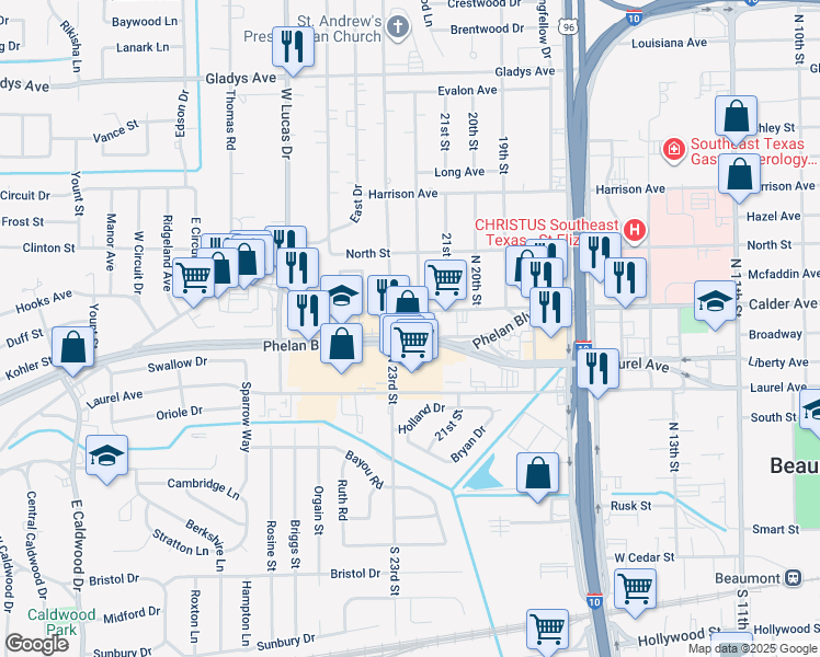 map of restaurants, bars, coffee shops, grocery stores, and more near 3898 Calder Ave in Beaumont