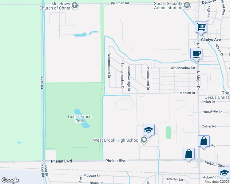 map of restaurants, bars, coffee shops, grocery stores, and more near 9655 Southmeadow Street in Beaumont