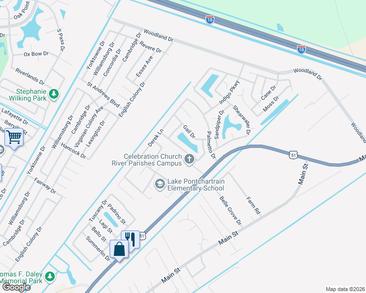 map of restaurants, bars, coffee shops, grocery stores, and more near 110 Gail Drive in LaPlace