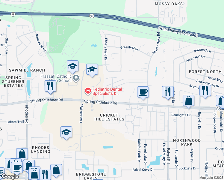 map of restaurants, bars, coffee shops, grocery stores, and more near 4320 Spring Stuebner Road in Spring