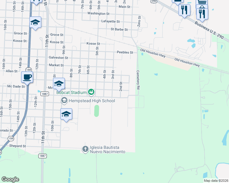 map of restaurants, bars, coffee shops, grocery stores, and more near 2025 2nd Street in Hempstead