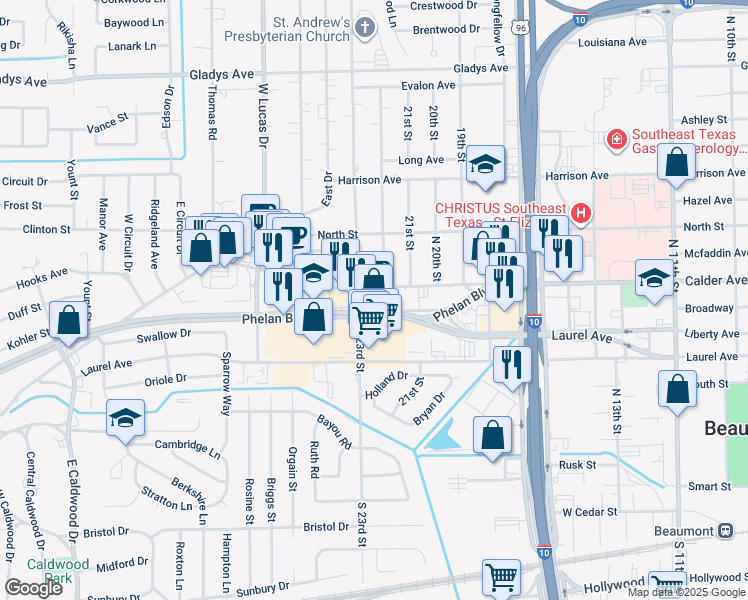 map of restaurants, bars, coffee shops, grocery stores, and more near 3800-3898 Calder Ave in Beaumont