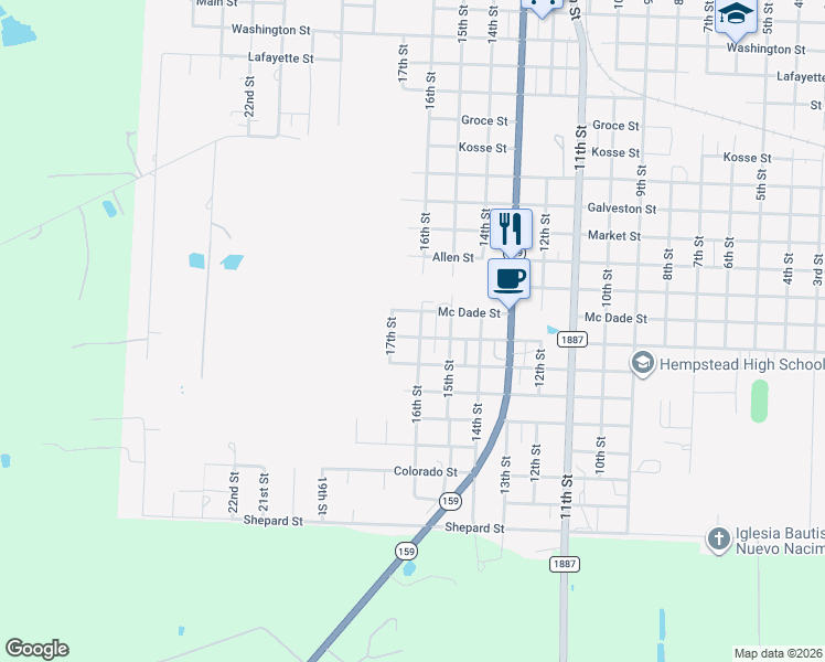 map of restaurants, bars, coffee shops, grocery stores, and more near 1645 Mc Dade Street in Hempstead