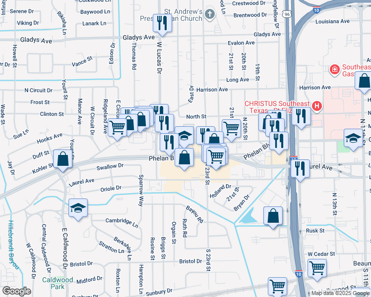 map of restaurants, bars, coffee shops, grocery stores, and more near Center Street in Beaumont