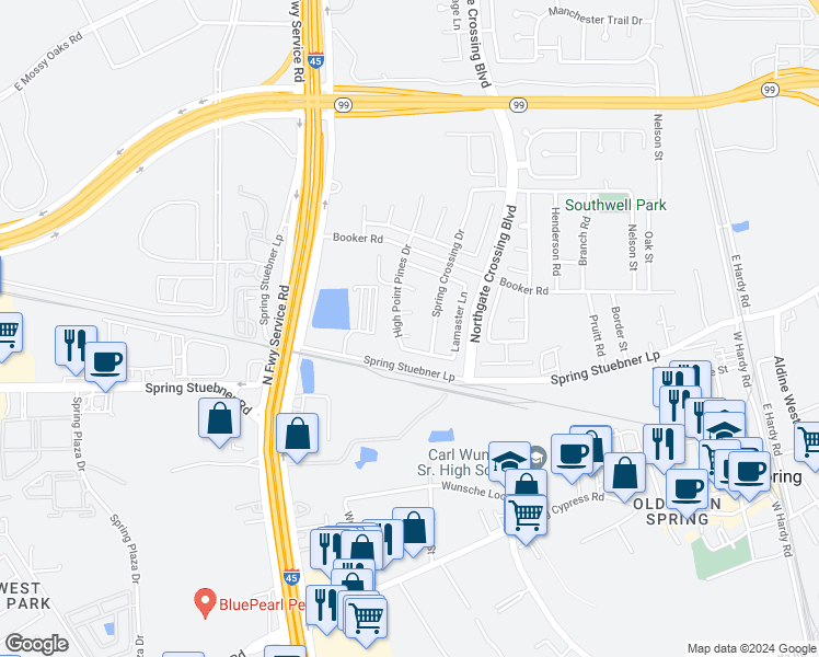 map of restaurants, bars, coffee shops, grocery stores, and more near 1010 Lamson Court in Spring