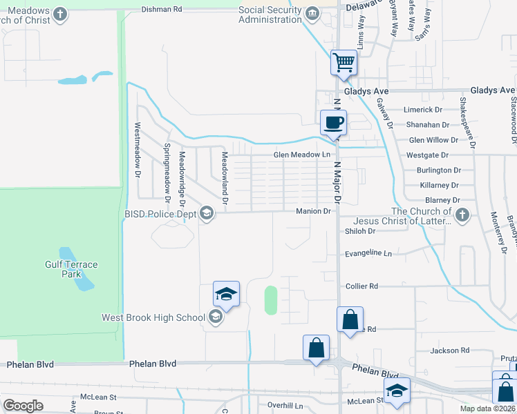 map of restaurants, bars, coffee shops, grocery stores, and more near 1001 Green Meadow Street in Beaumont