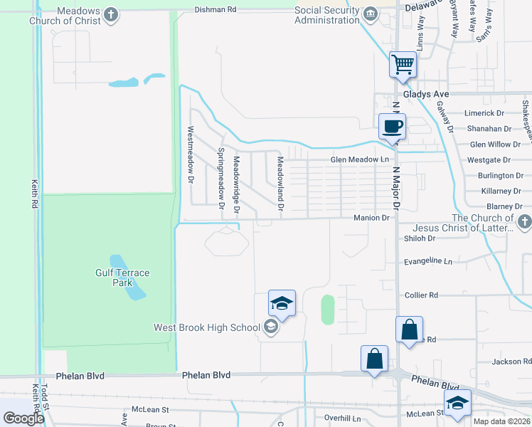 map of restaurants, bars, coffee shops, grocery stores, and more near 9280 Cross Meadow Drive in Beaumont