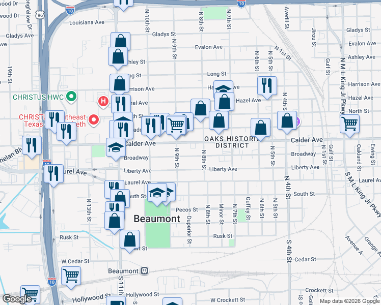 map of restaurants, bars, coffee shops, grocery stores, and more near 2450 Broadway Street in Beaumont