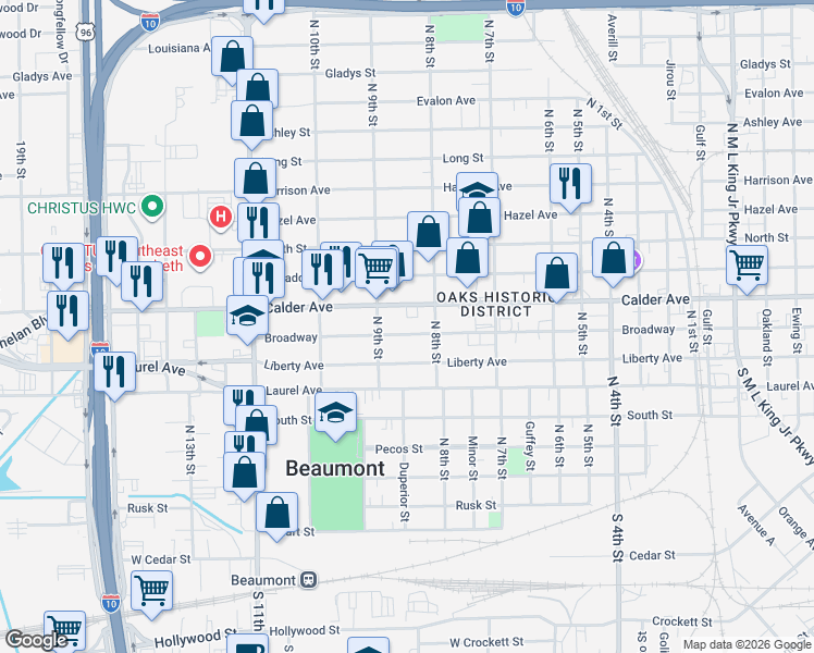 map of restaurants, bars, coffee shops, grocery stores, and more near 2449 Calder Avenue in Beaumont