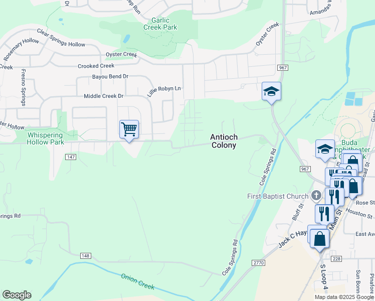 map of restaurants, bars, coffee shops, grocery stores, and more near 425 Old Black Colony Road in Buda