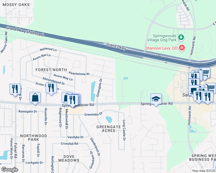 map of restaurants, bars, coffee shops, grocery stores, and more near 2919 Rustling Chestnut Street in Spring