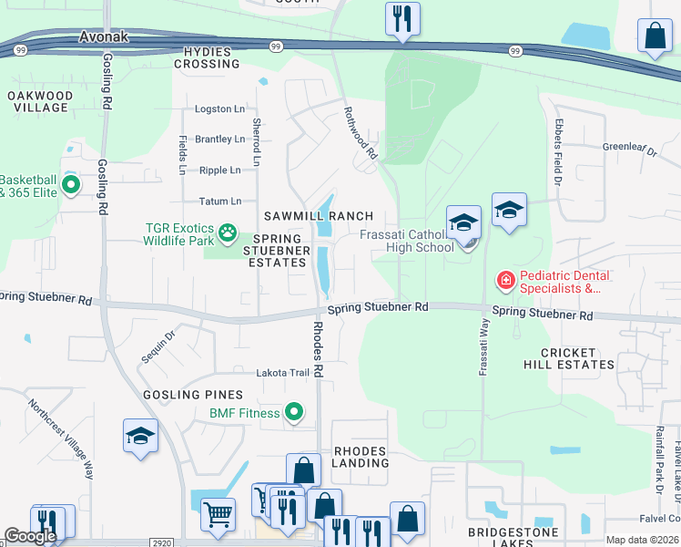 map of restaurants, bars, coffee shops, grocery stores, and more near 22106 Meandering Springs Drive in Spring