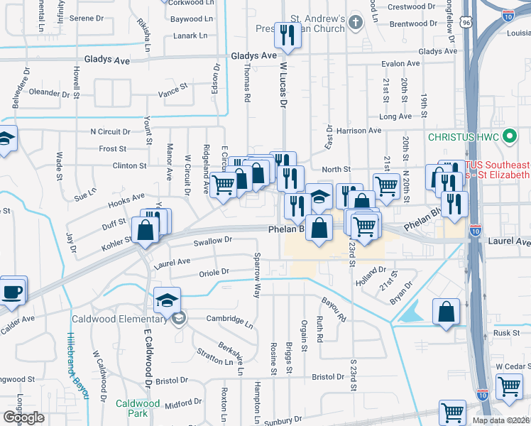 map of restaurants, bars, coffee shops, grocery stores, and more near 4330 West Broadway Street in Beaumont