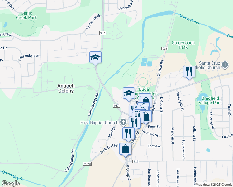 map of restaurants, bars, coffee shops, grocery stores, and more near 500 Farm to Market 967 in Buda