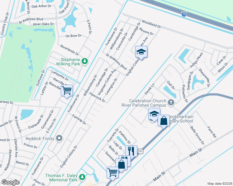 map of restaurants, bars, coffee shops, grocery stores, and more near 2601 English Colony Drive in LaPlace