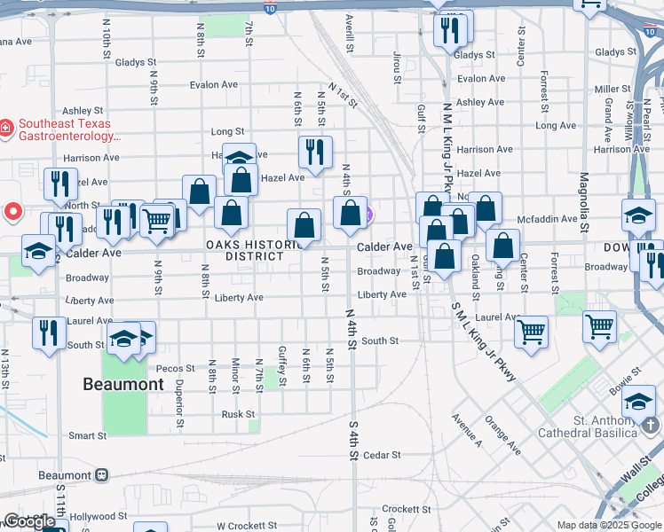 map of restaurants, bars, coffee shops, grocery stores, and more near 465 North 4th Street in Beaumont