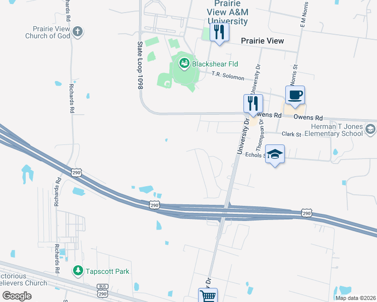 map of restaurants, bars, coffee shops, grocery stores, and more near 101 Elm Street in Prairie View