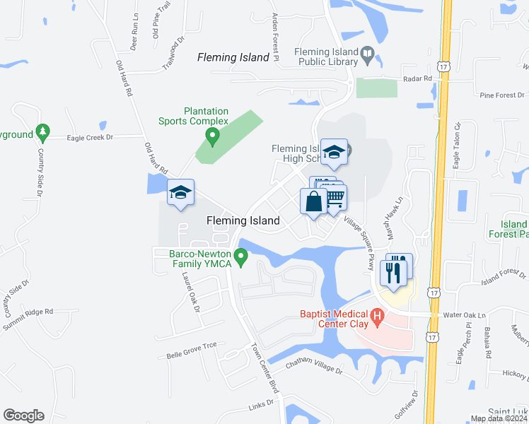map of restaurants, bars, coffee shops, grocery stores, and more near 2031 Town Center Boulevard in Fleming Island