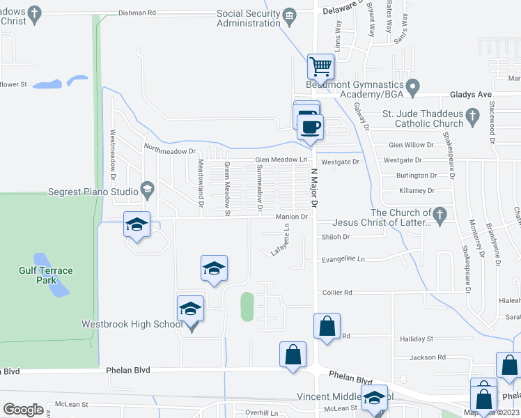 map of restaurants, bars, coffee shops, grocery stores, and more near 959 Sunmeadow Drive in Beaumont